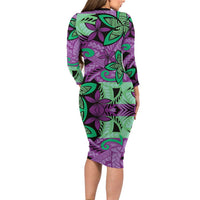 Plumeria Polynesian Pattern Family Matching Long Sleeve Bodycon Dress and Hawaiian Shirt Unique Fantasy Purple Green