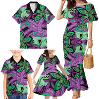 Plumeria Polynesian Pattern Family Matching Mermaid Dress and Hawaiian Shirt Unique Fantasy Purple Green