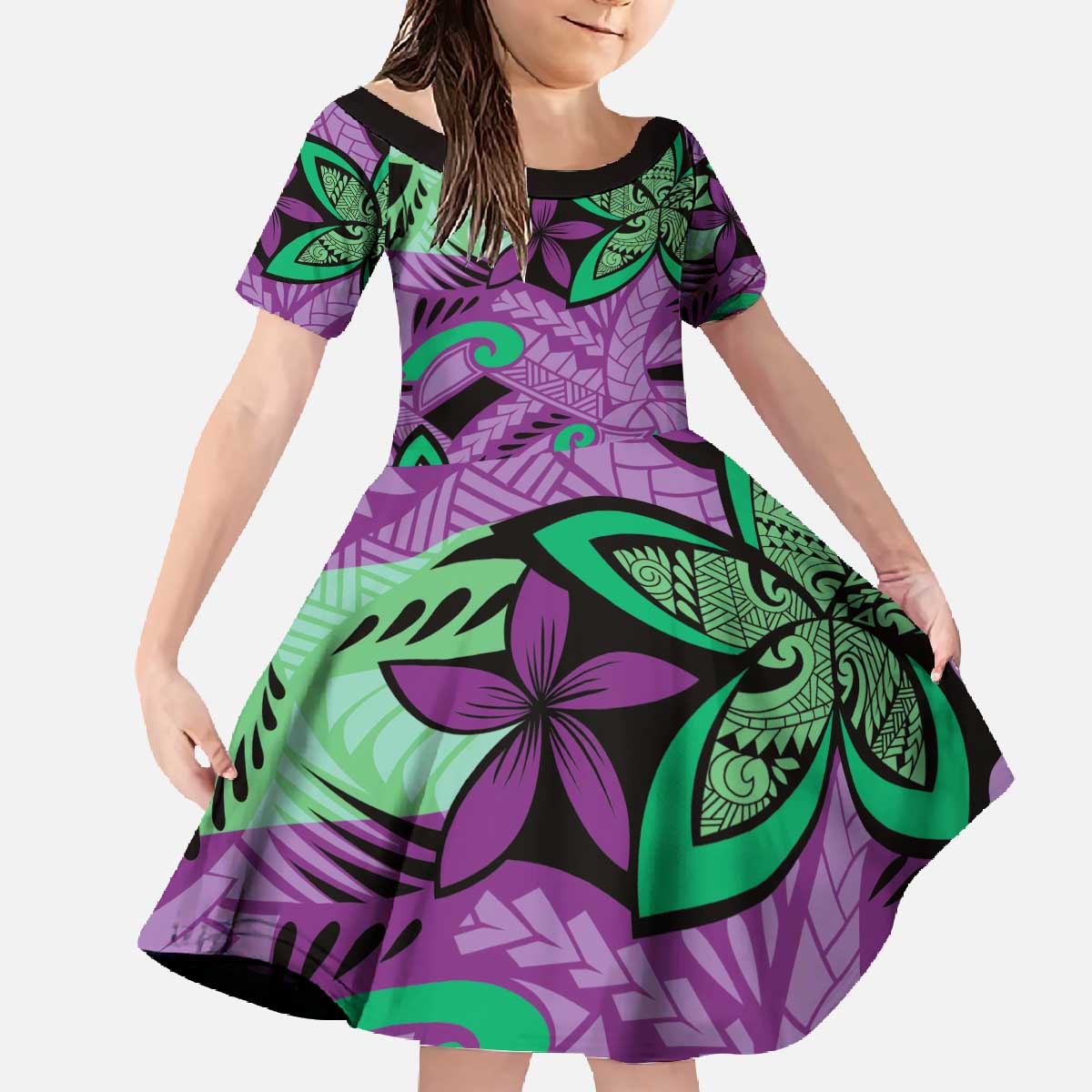 Plumeria Polynesian Pattern Family Matching Off The Shoulder Long Sleeve Dress and Hawaiian Shirt Unique Fantasy Purple Green