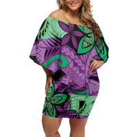 Plumeria Polynesian Pattern Family Matching Off Shoulder Short Dress and Hawaiian Shirt Unique Fantasy Purple Green