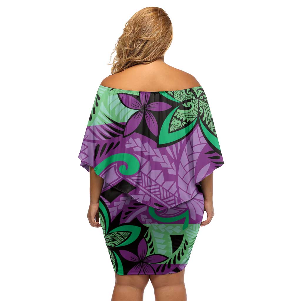 Plumeria Polynesian Pattern Family Matching Off Shoulder Short Dress and Hawaiian Shirt Unique Fantasy Purple Green
