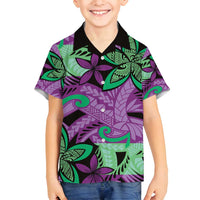 Plumeria Polynesian Pattern Family Matching Off Shoulder Short Dress and Hawaiian Shirt Unique Fantasy Purple Green