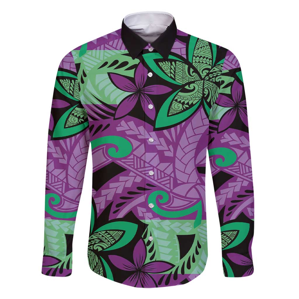 Plumeria Polynesian Pattern Family Matching Short Sleeve Bodycon Dress and Hawaiian Shirt Unique Fantasy Purple Green