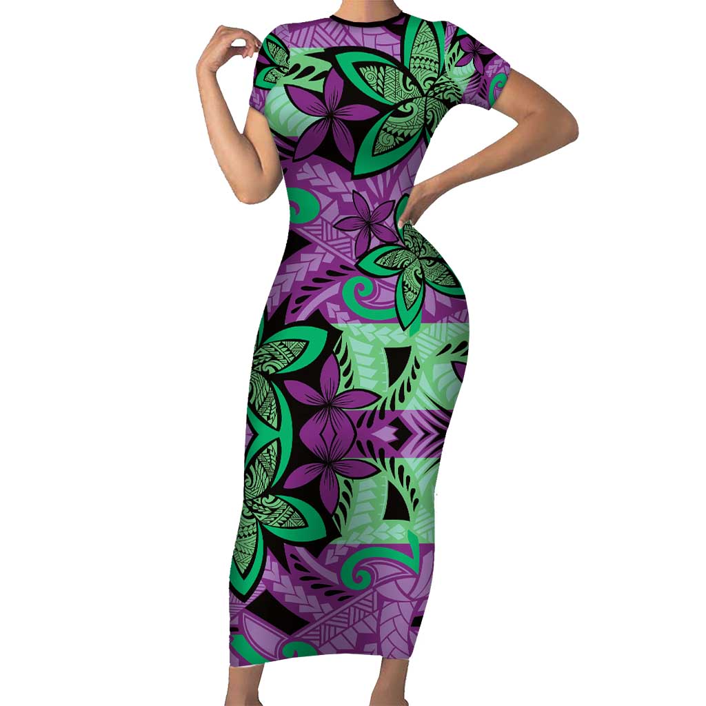 Plumeria Polynesian Pattern Family Matching Short Sleeve Bodycon Dress and Hawaiian Shirt Unique Fantasy Purple Green