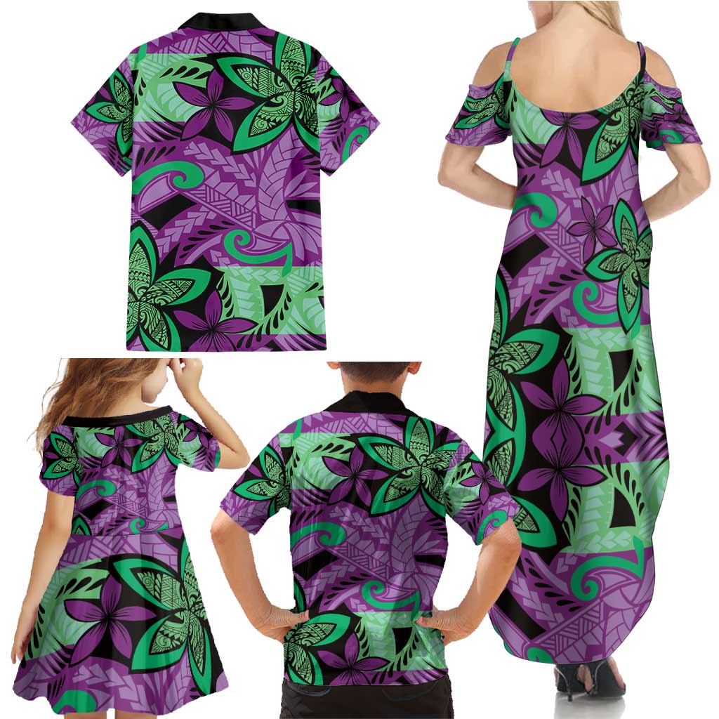 Plumeria Polynesian Pattern Family Matching Summer Maxi Dress and Hawaiian Shirt Unique Fantasy Purple Green