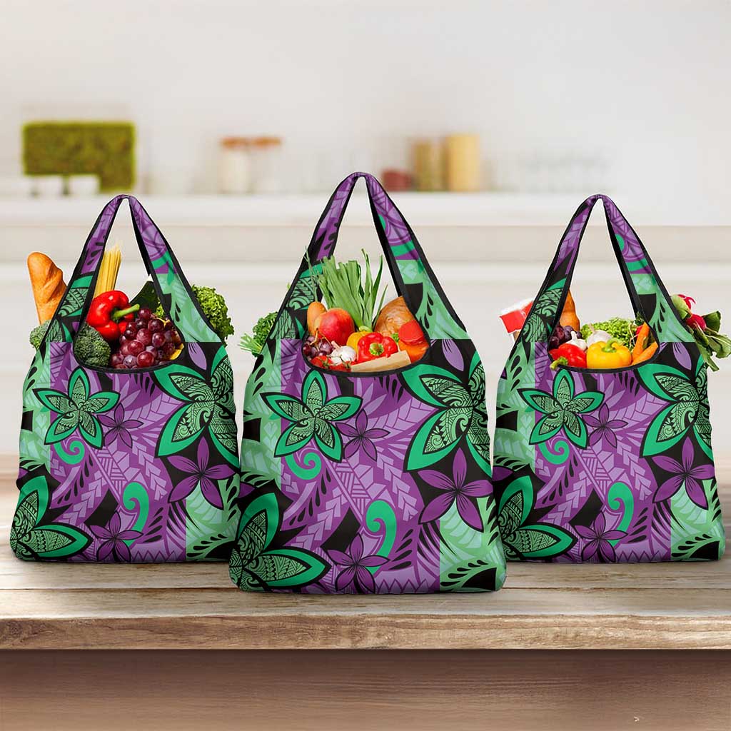 Plumeria Polynesian Pattern Grocery Bag Unique Fantasy Purple Green