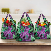 Plumeria Polynesian Pattern Grocery Bag Unique Fantasy Purple Green