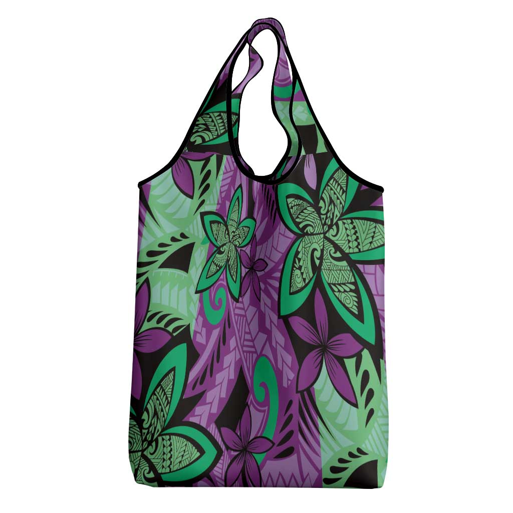 Plumeria Polynesian Pattern Grocery Bag Unique Fantasy Purple Green