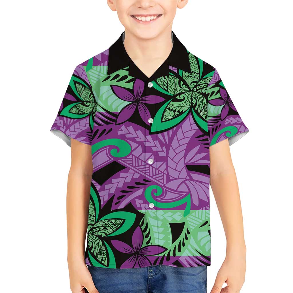 Plumeria Polynesian Pattern Kid Hawaiian Shirt Unique Fantasy Purple Green LT01 Kid Purple - Polynesian Pride
