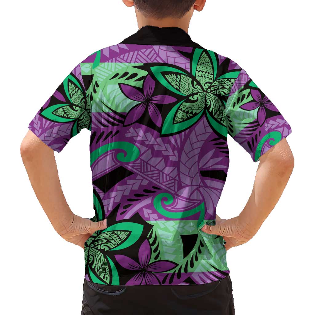Plumeria Polynesian Pattern Kid Hawaiian Shirt Unique Fantasy Purple Green LT01 - Polynesian Pride