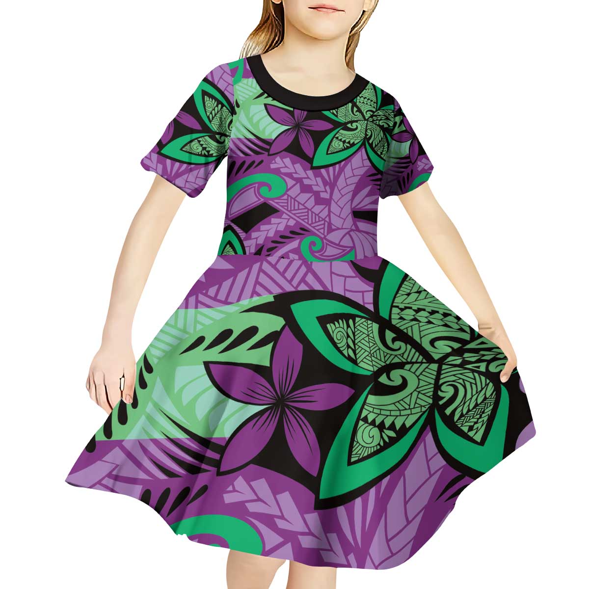 Plumeria Polynesian Pattern Kid Short Sleeve Dress Unique Fantasy Purple Green LT01 - Polynesian Pride