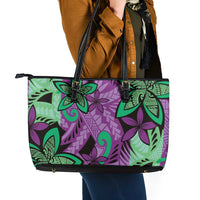 Plumeria Polynesian Pattern Leather Tote Bag Unique Fantasy Purple Green