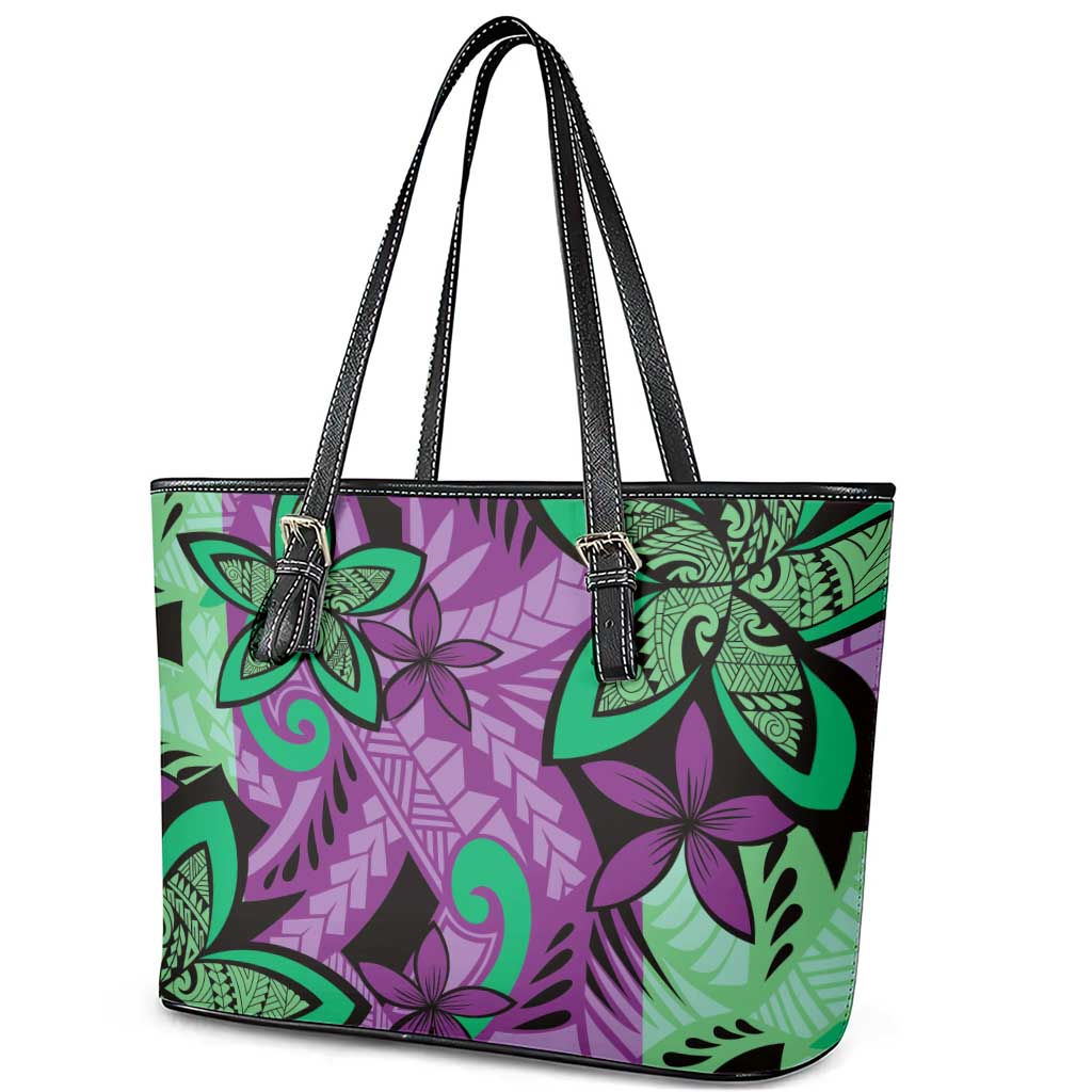 Plumeria Polynesian Pattern Leather Tote Bag Unique Fantasy Purple Green
