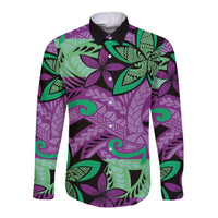 Plumeria Polynesian Pattern Long Sleeve Button Shirt Unique Fantasy Purple Green LT01 Unisex Purple - Polynesian Pride