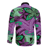 Plumeria Polynesian Pattern Long Sleeve Button Shirt Unique Fantasy Purple Green LT01 - Polynesian Pride
