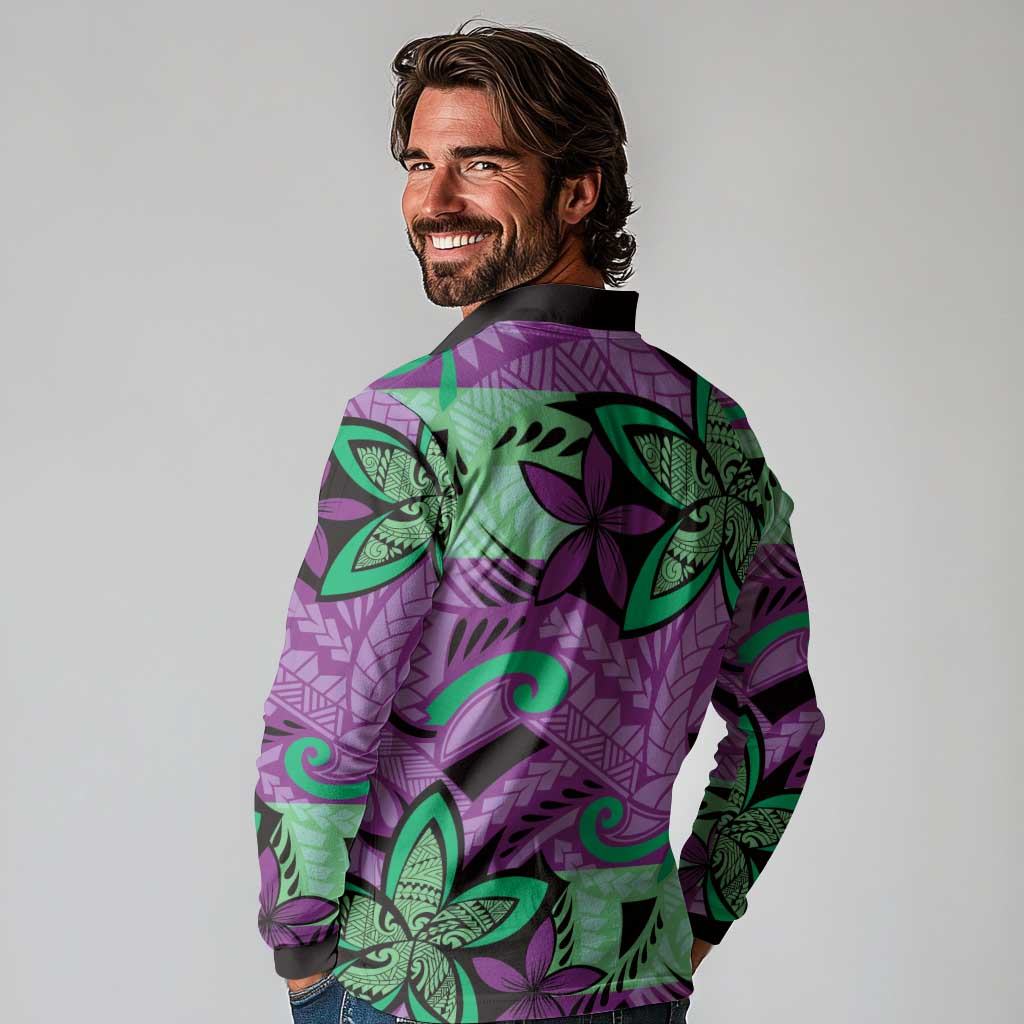 Plumeria Polynesian Pattern Long Sleeve Polo Shirt Unique Fantasy Purple Green
