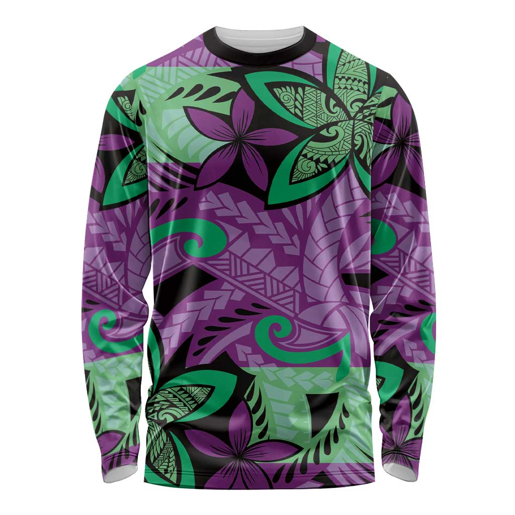 Plumeria Polynesian Pattern Long Sleeve Shirt Unique Fantasy Purple Green LT01 Unisex Purple - Polynesian Pride