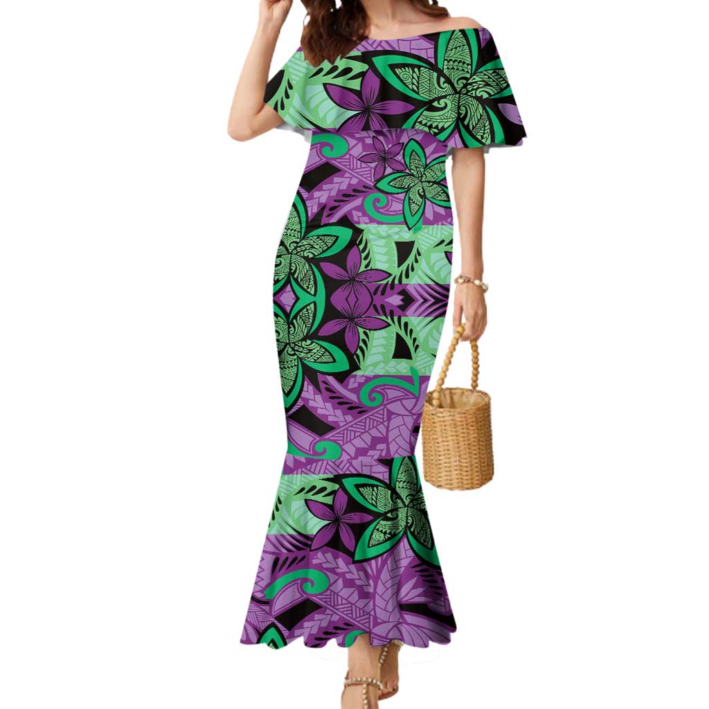 Plumeria Polynesian Pattern Mermaid Dress Unique Fantasy Purple Green