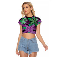 Plumeria Polynesian Pattern Raglan Cropped T Shirt Unique Fantasy Purple Green