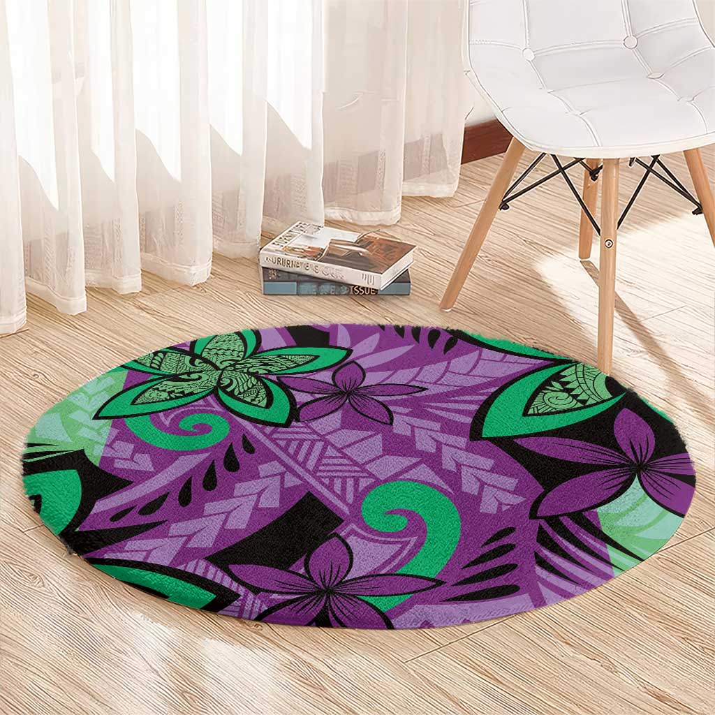 Plumeria Polynesian Pattern Round Carpet Unique Fantasy Purple Green