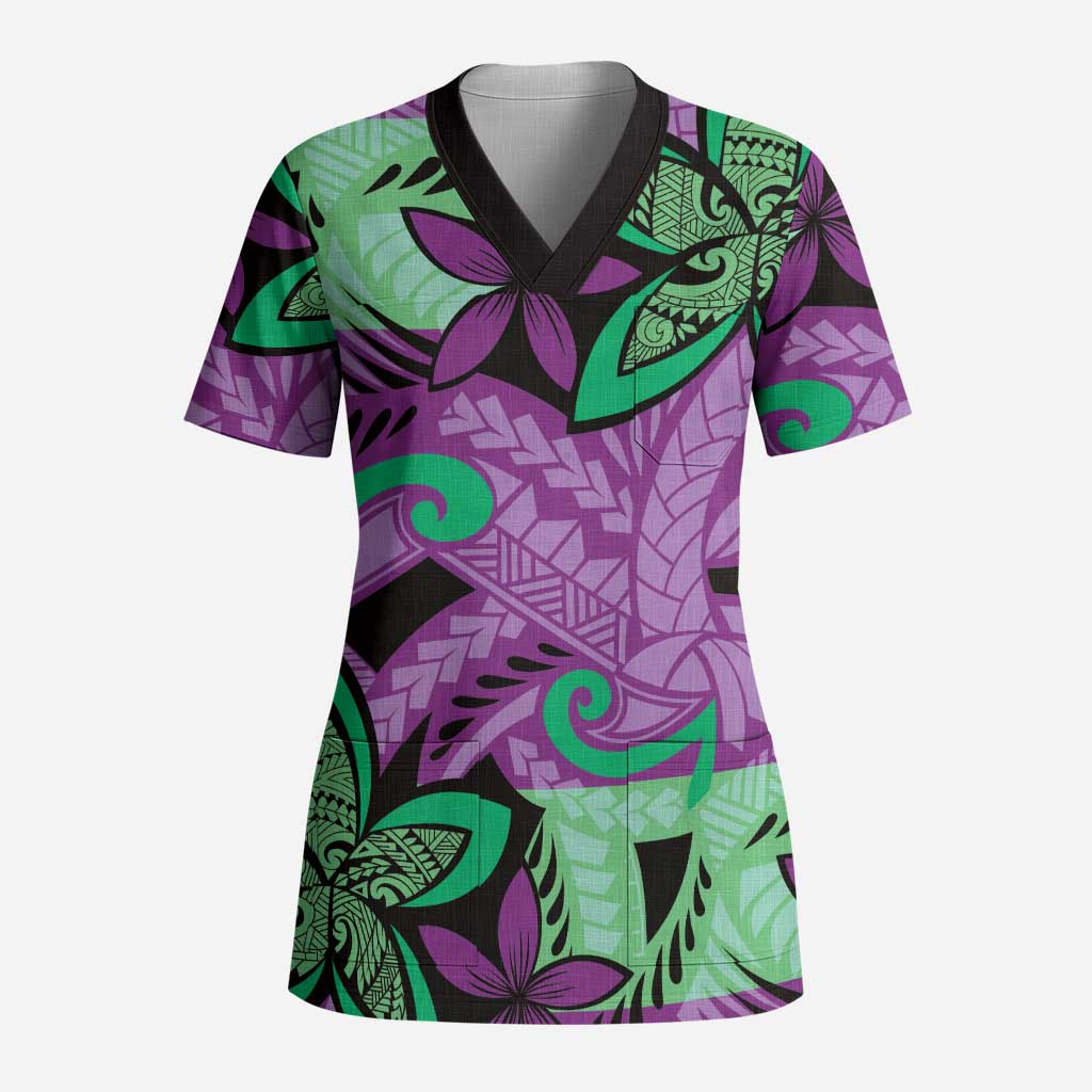 Plumeria Polynesian Pattern Scrub Top Unique Fantasy Purple Green LT01 Adult Purple - Polynesian Pride
