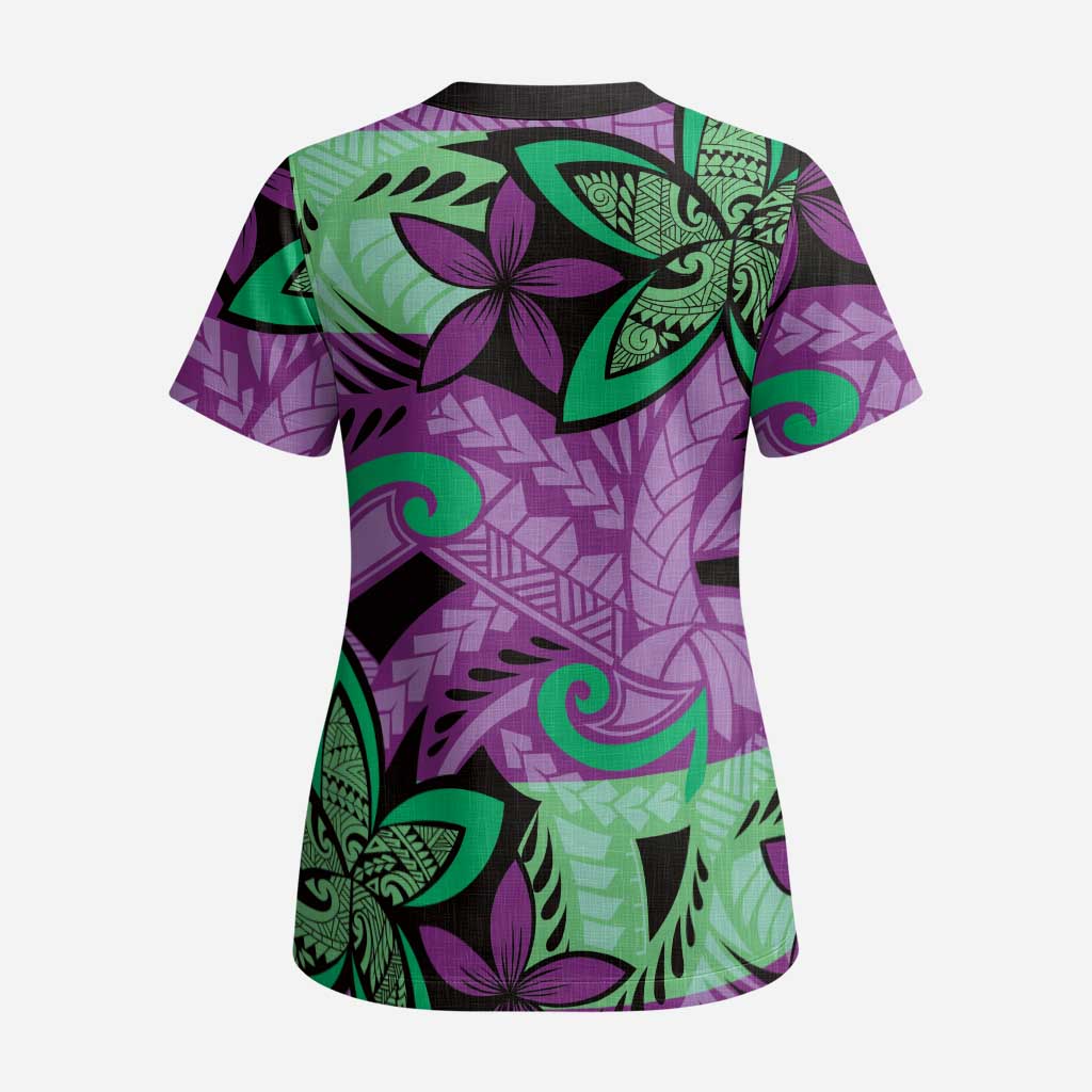 Plumeria Polynesian Pattern Scrub Top Unique Fantasy Purple Green LT01 - Polynesian Pride