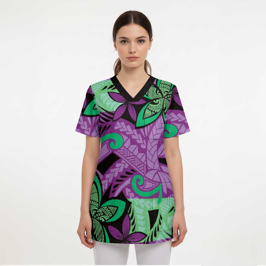 Plumeria Polynesian Pattern Scrub Top Unique Fantasy Purple Green LT01 - Polynesian Pride