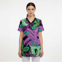 Plumeria Polynesian Pattern Scrub Top Unique Fantasy Purple Green LT01 - Polynesian Pride