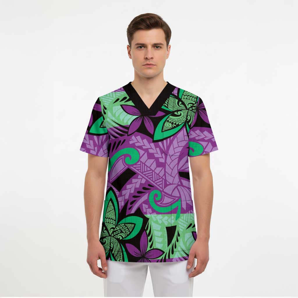 Plumeria Polynesian Pattern Scrub Top Unique Fantasy Purple Green LT01 - Polynesian Pride