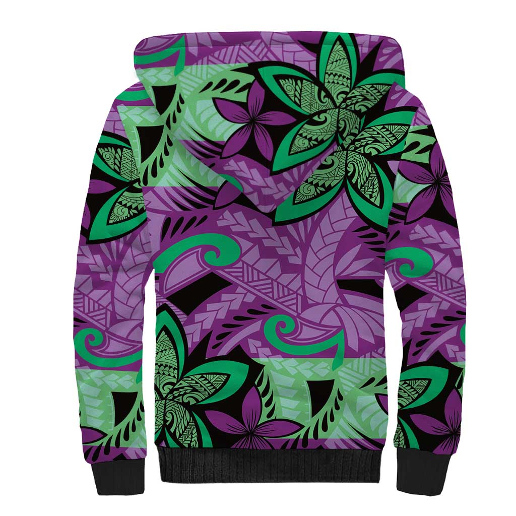 Plumeria Polynesian Pattern Sherpa Hoodie Unique Fantasy Purple Green LT01 - Polynesian Pride