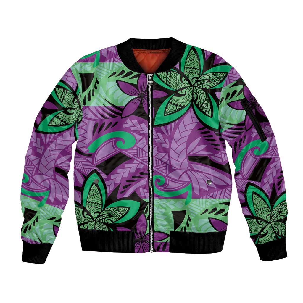 Plumeria Polynesian Pattern Sleeve Zip Bomber Jacket Unique Fantasy Purple Green