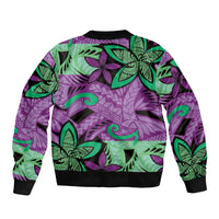Plumeria Polynesian Pattern Sleeve Zip Bomber Jacket Unique Fantasy Purple Green