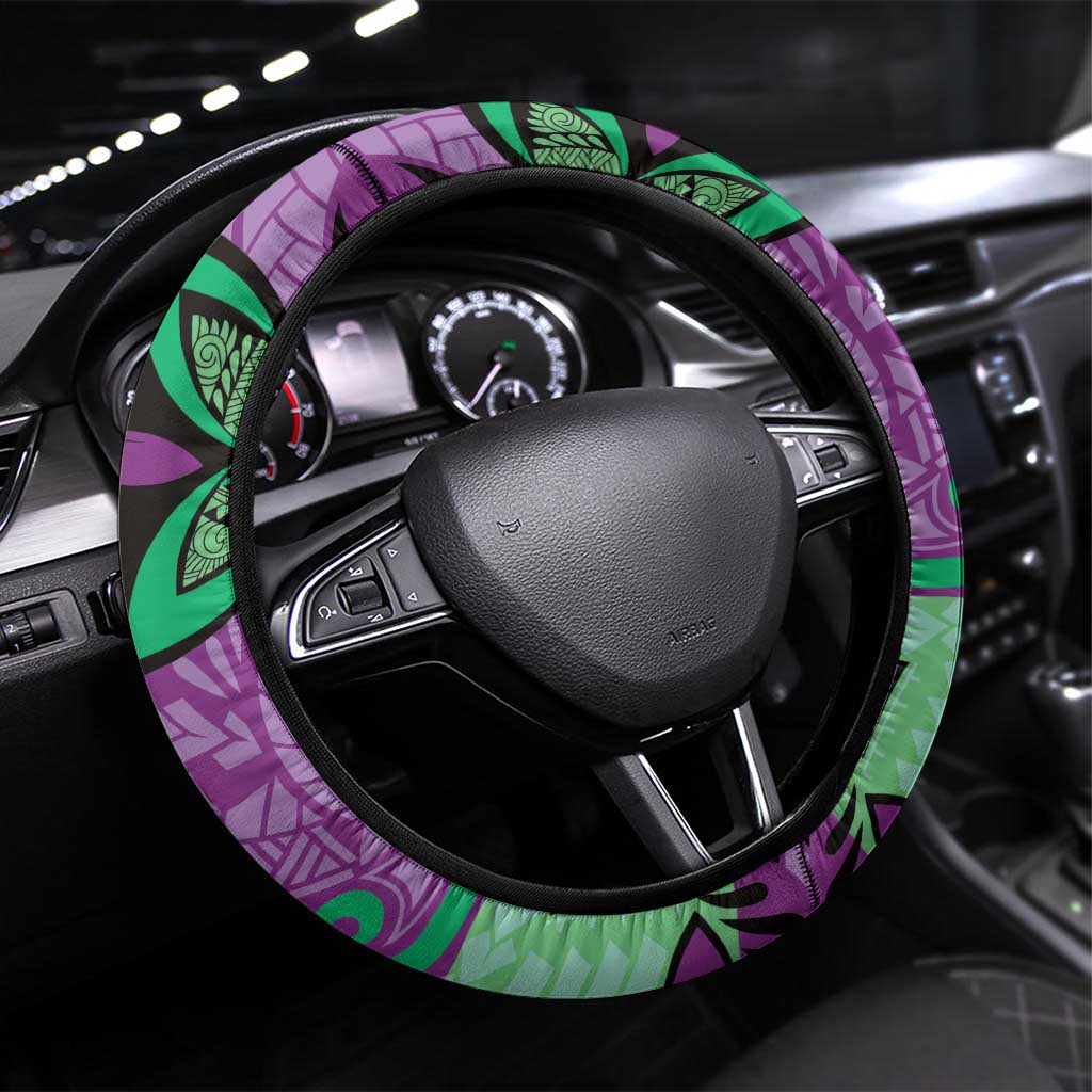 Plumeria Polynesian Pattern Steering Wheel Cover Unique Fantasy Purple Green LT01 Universal Fit Purple - Polynesian Pride