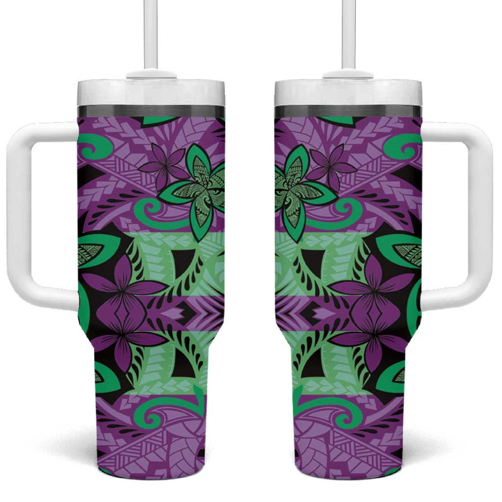 Plumeria Polynesian Pattern Tumbler With Handle Unique Fantasy Purple Green