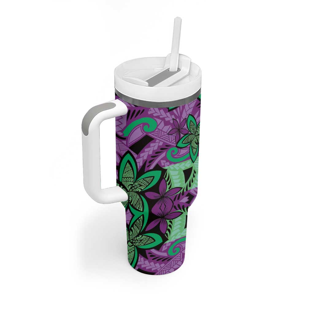 Plumeria Polynesian Pattern Tumbler With Handle Unique Fantasy Purple Green