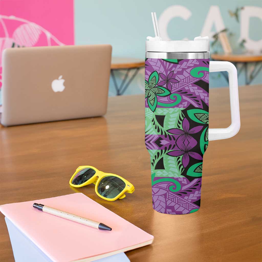 Plumeria Polynesian Pattern Tumbler With Handle Unique Fantasy Purple Green