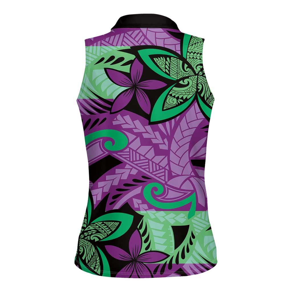 Plumeria Polynesian Pattern Women Sleeveless Polo Shirt Unique Fantasy Purple Green