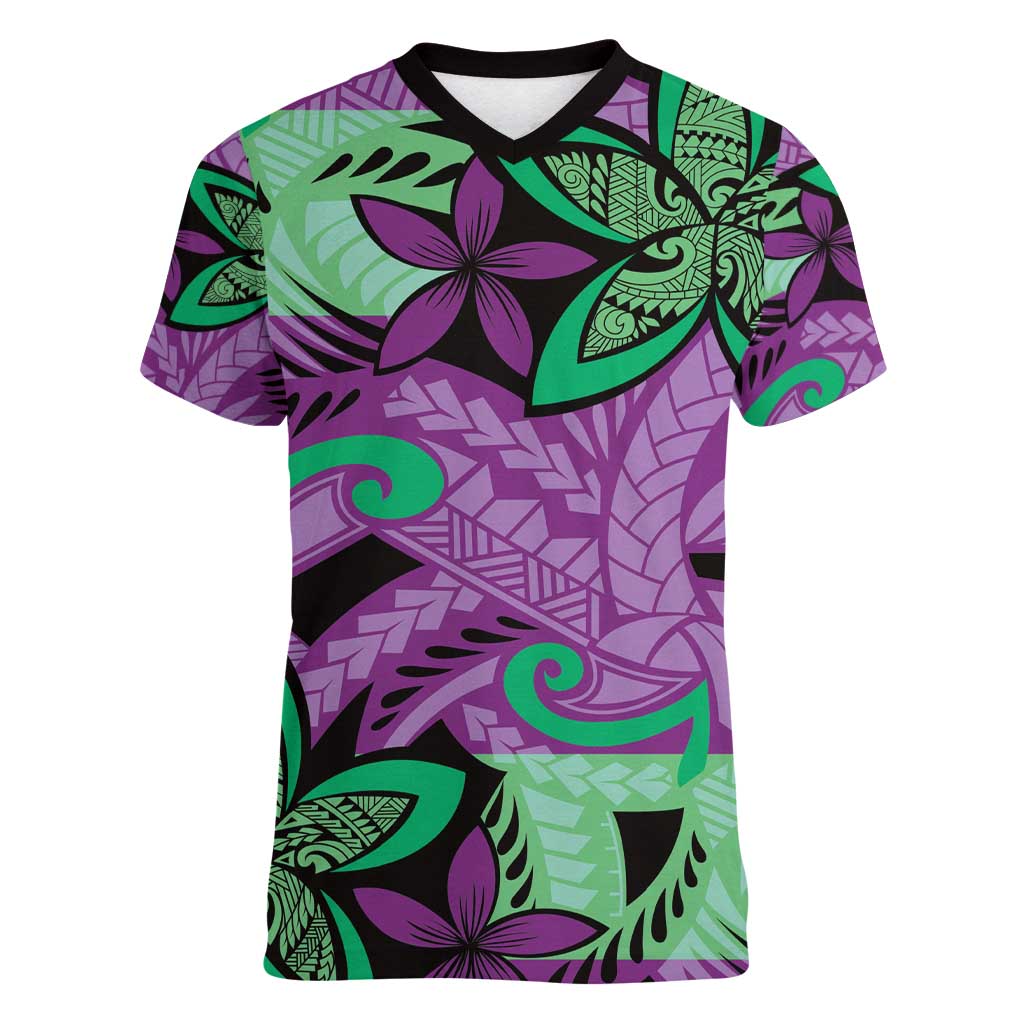 Plumeria Polynesian Pattern Women V-Neck T-Shirt Unique Fantasy Purple Green