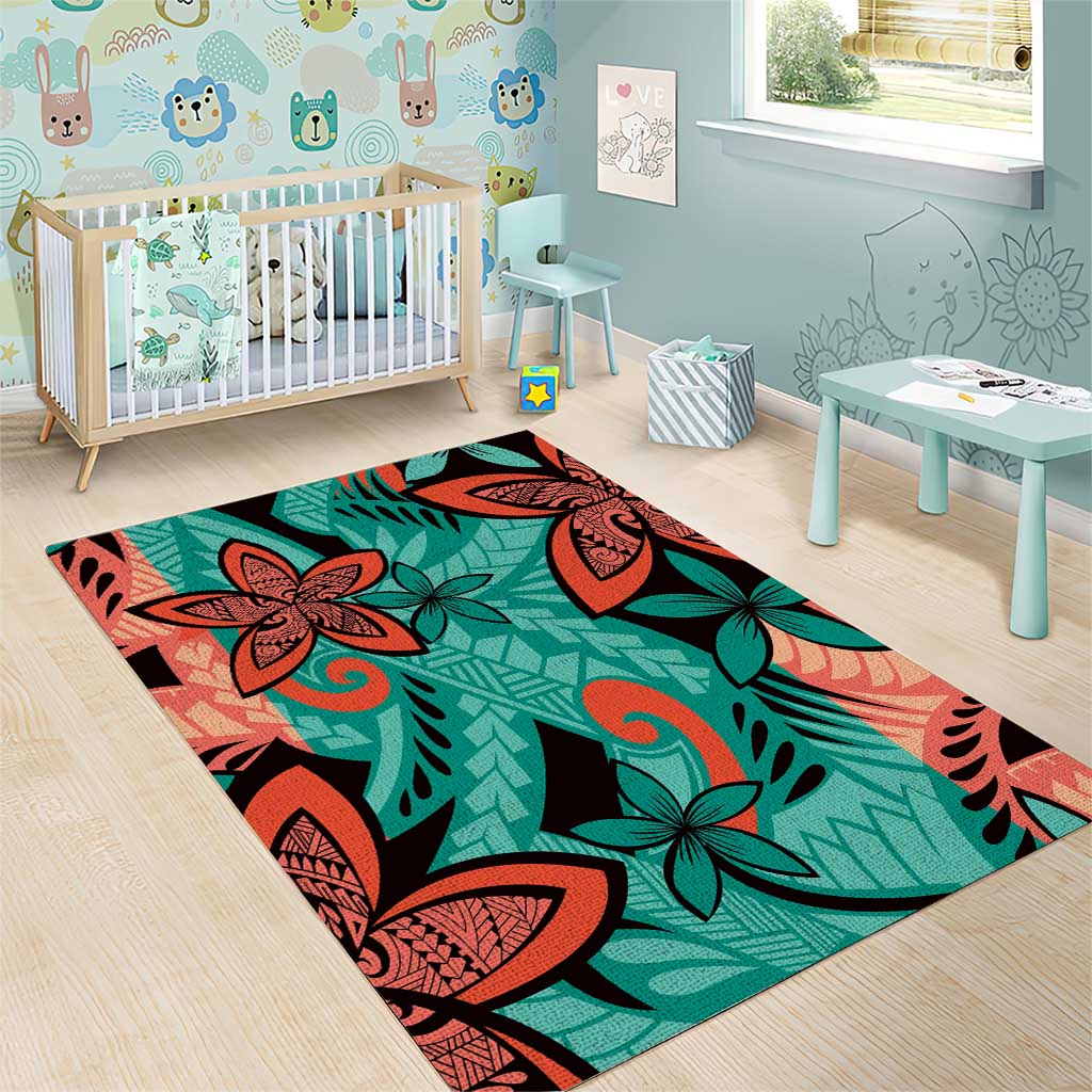 Plumeria Polynesian Pattern Area Rug Unique Fantasy Teal Orange