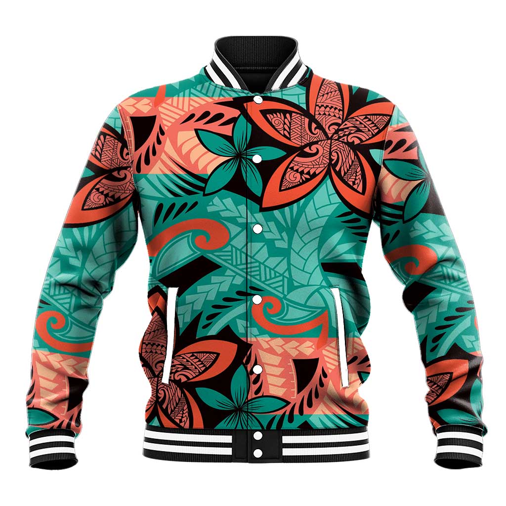 Plumeria Polynesian Pattern Baseball Jacket Unique Fantasy Teal Orange LT01 Unisex Teal - Polynesian Pride