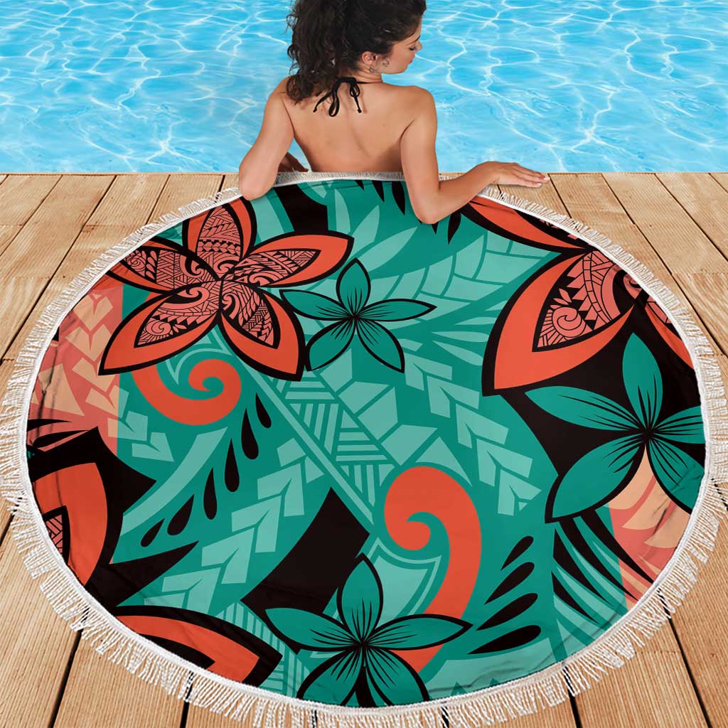Plumeria Polynesian Pattern Beach Blanket Unique Fantasy Teal Orange LT01 - Polynesian Pride