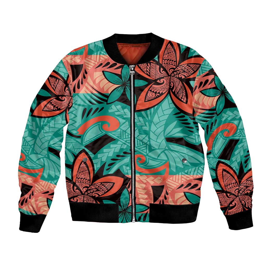 Plumeria Polynesian Pattern Bomber Jacket Unique Fantasy Teal Orange