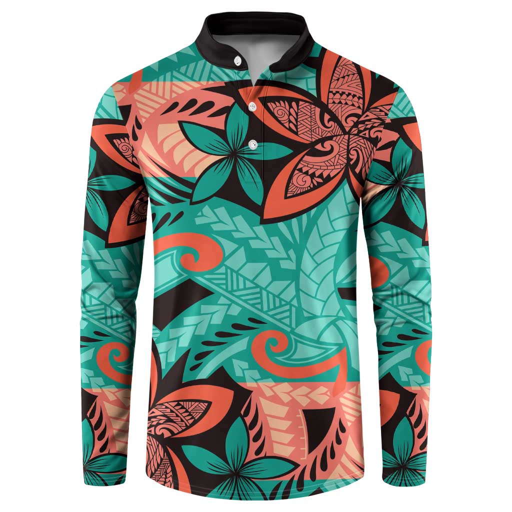 Plumeria Polynesian Pattern Button Sweatshirt Unique Fantasy Teal Orange LT01 Teal - Polynesian Pride