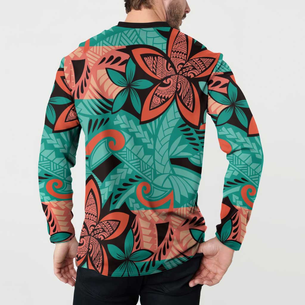 Plumeria Polynesian Pattern Button Sweatshirt Unique Fantasy Teal Orange LT01 - Polynesian Pride