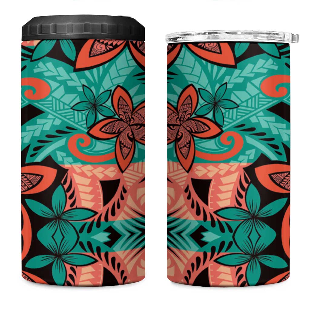 Plumeria Polynesian Pattern 4 in 1 Can Cooler Tumbler Unique Fantasy Teal Orange LT01 One Size: 16 oz Teal - Polynesian Pride