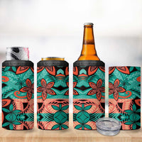Plumeria Polynesian Pattern 4 in 1 Can Cooler Tumbler Unique Fantasy Teal Orange LT01 - Polynesian Pride