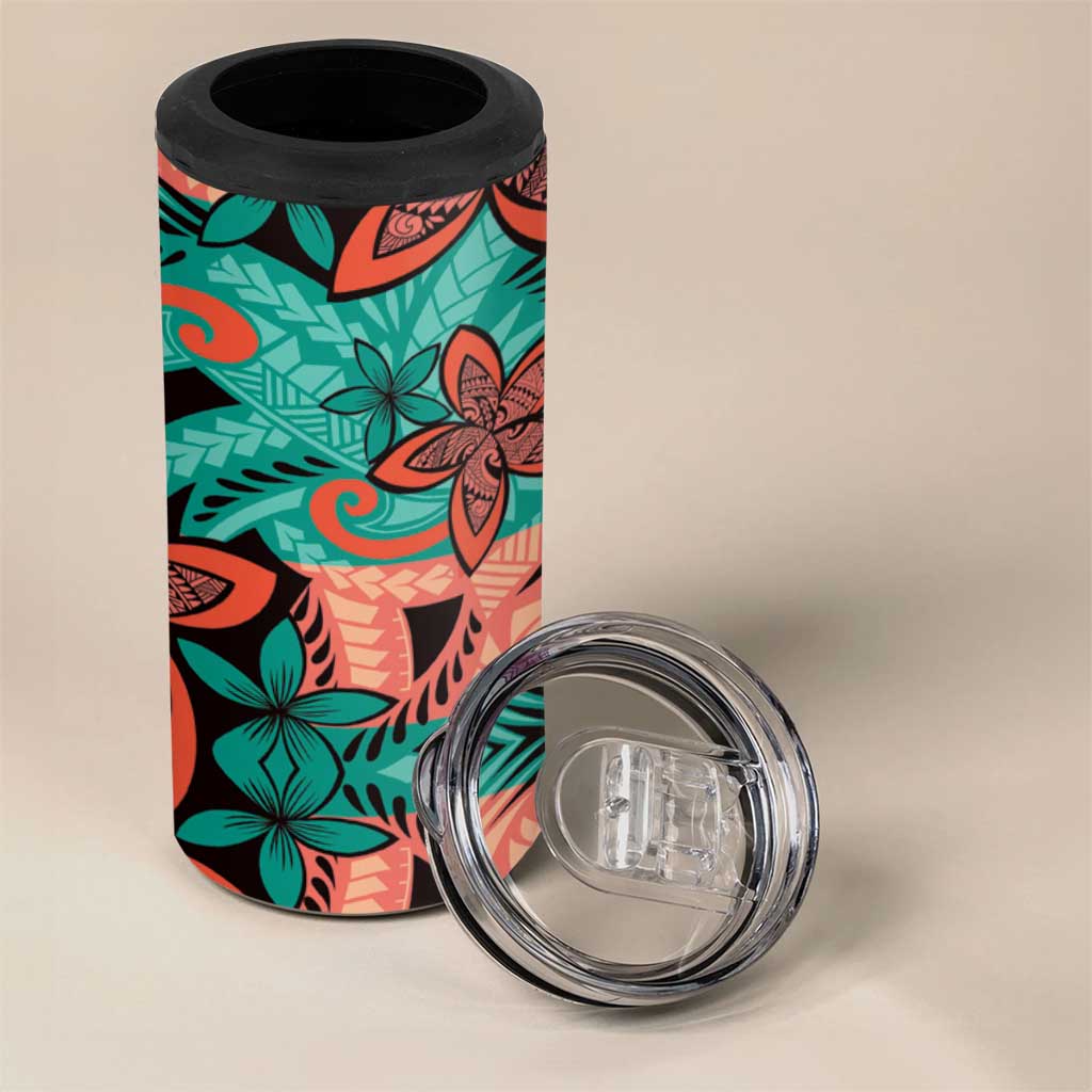 Plumeria Polynesian Pattern 4 in 1 Can Cooler Tumbler Unique Fantasy Teal Orange LT01 - Polynesian Pride