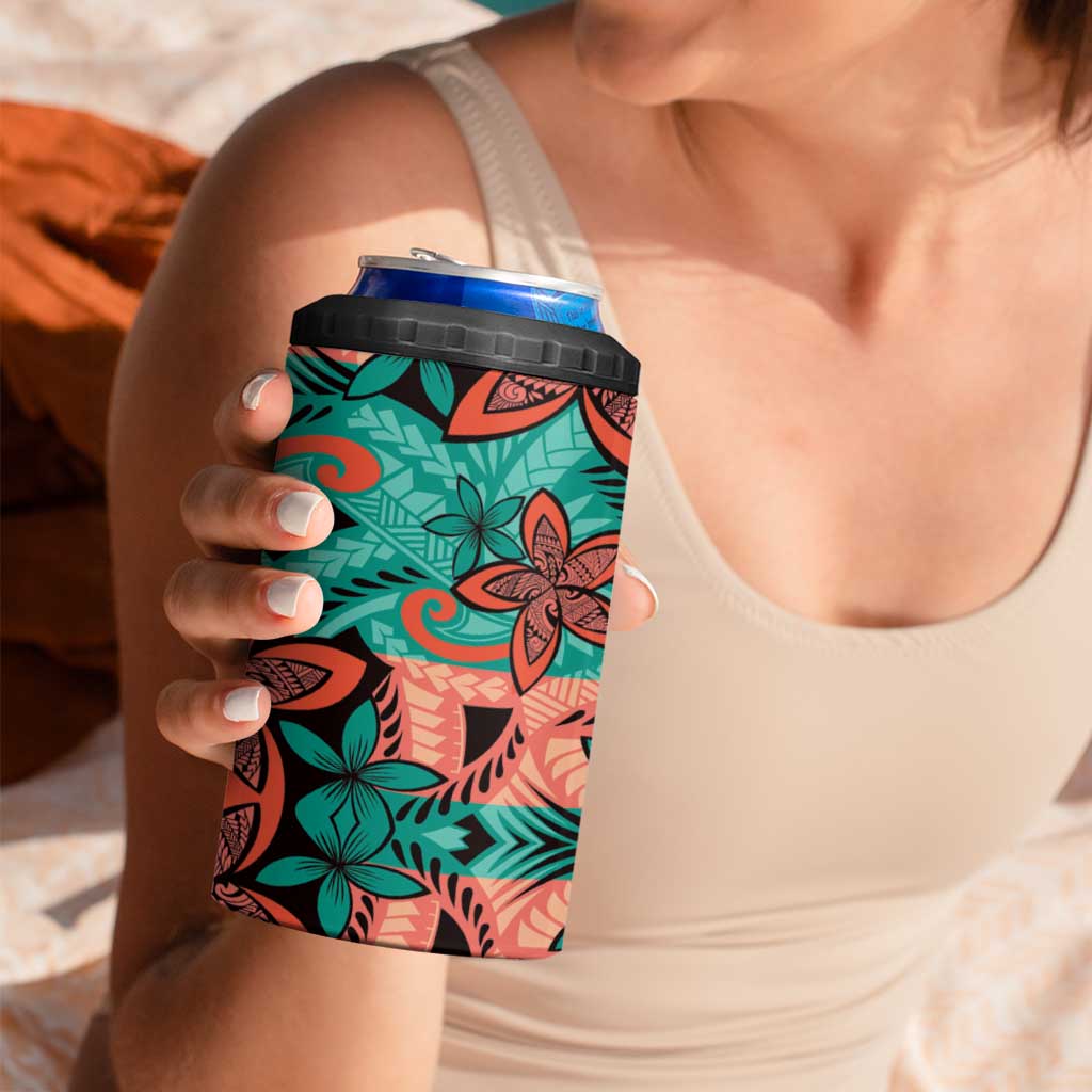 Plumeria Polynesian Pattern 4 in 1 Can Cooler Tumbler Unique Fantasy Teal Orange LT01 - Polynesian Pride