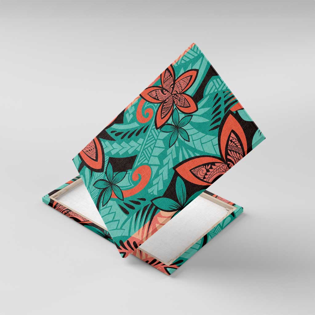 Plumeria Polynesian Pattern Canvas Wall Art Unique Fantasy Teal Orange LT01 With Frame Teal - Polynesian Pride