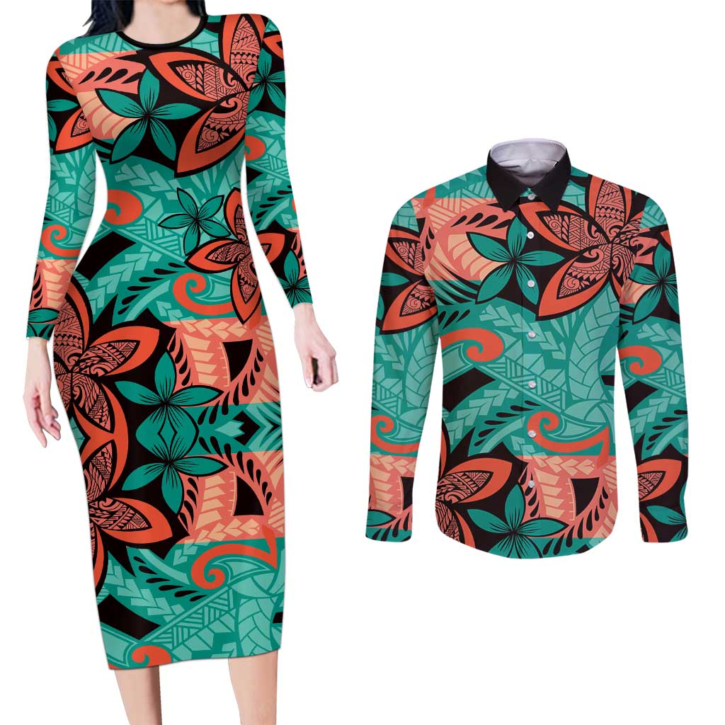 Plumeria Polynesian Pattern Couples Matching Long Sleeve Bodycon Dress and Long Sleeve Button Shirt Unique Fantasy Teal Orange LT01 Teal - Polynesian Pride